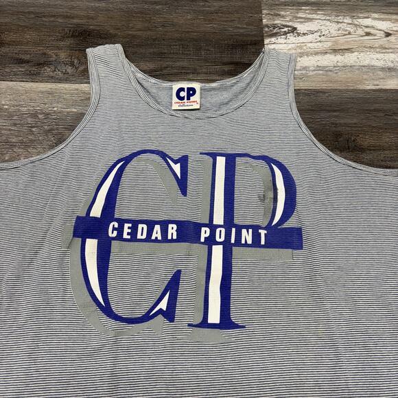 Vintage 90s Cedar Point Shirt Striped Blue White Mens L XL Destination Tank Top - Picture 1 of 9